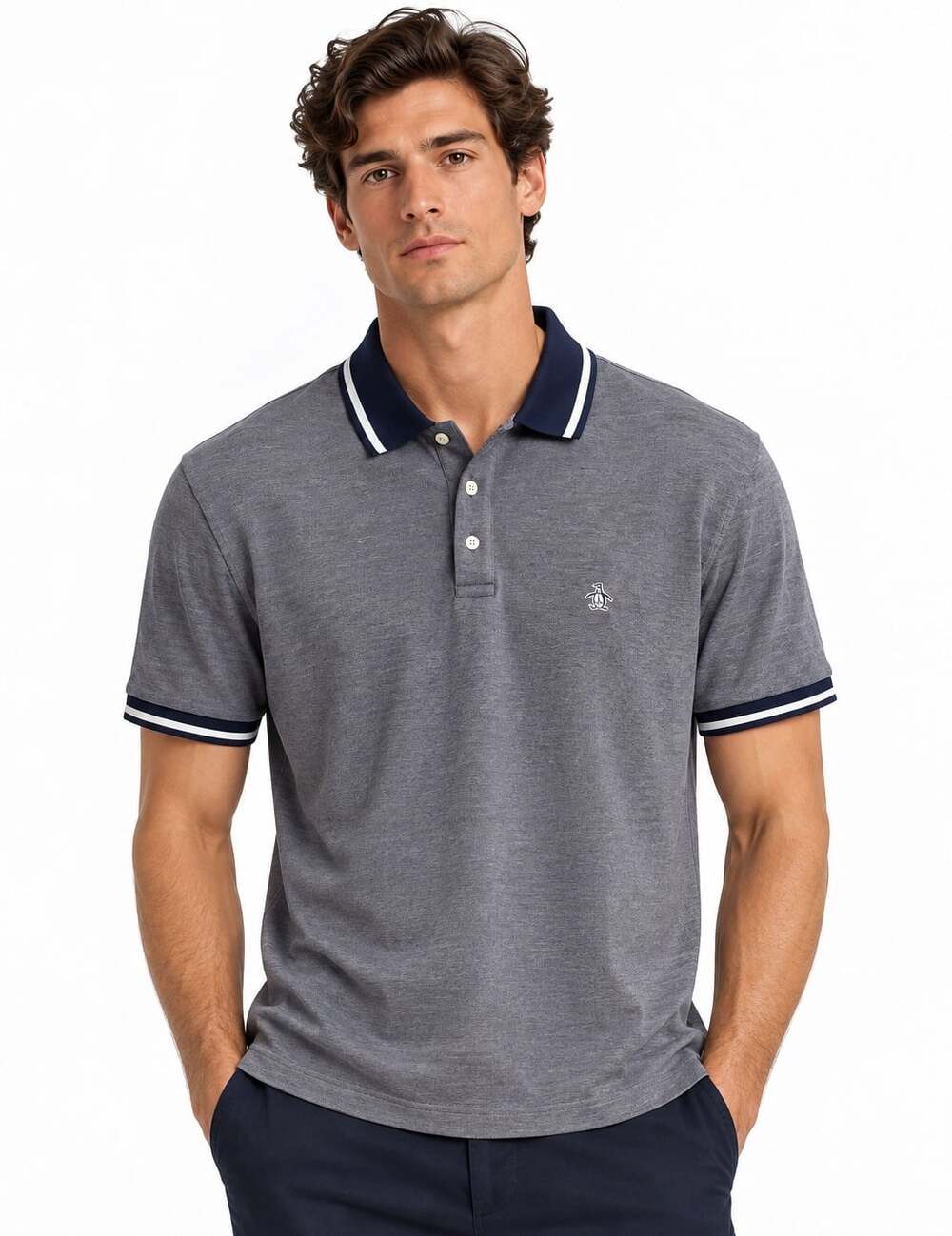 Original Penguin Birdseye Pique Tipped 100% Cotton Navy Polo Shirt (Size L)